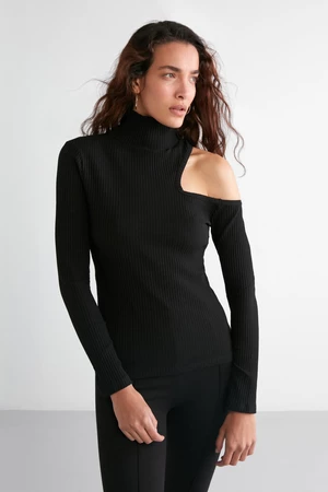 GRIMELANGE Sandy Women's Irregular Ribbed Flexible Fabric One Shoulder Open Black Blouse