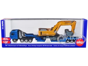 Heavy Haulage Flatbed Transporter Blue and Liebherr 974 Litronic Excavator Yellow 1/87 (HO) Diecast Models by Siku