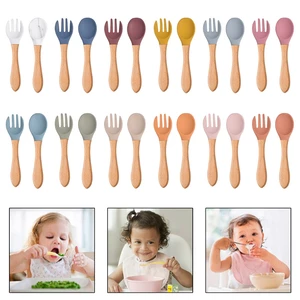 HUYU 2pcs Baby Soft Silicone Spoon Candy Color Safety Learning Wood Handle Fork Non-Slip Utensils Toddler Feeding Tools