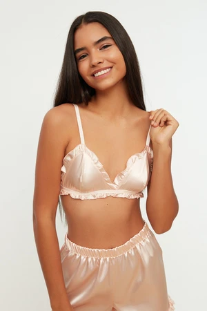 Trendyol Powder Frilly Satin Bralette-Shorts, Woven Pajamas Set