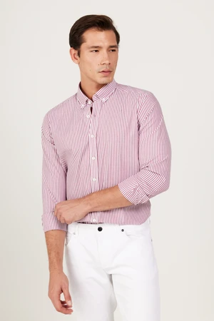 AC&Co / Altınyıldız Classics Men's White-burgundy Slim Fit Slim Fit Button-down Collar Cotton Striped Shirt