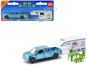 Ford F-150 Pickup Truck Blue Metallic Camper Set with Accessories Diecast Model by Siku