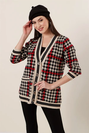 By Saygı Checked Patterned Acrylic Cardigan with Pockets Black