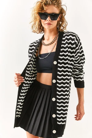 Olalook Women's Black Long Knitwear Cardigan with Openwork