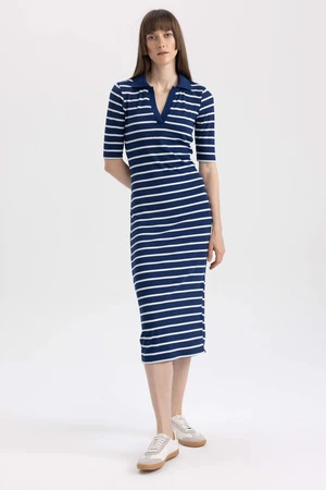 DEFACTO Bodycon Polo Neckline Striped Ribbed Camisole Midi Short Sleeve Dress