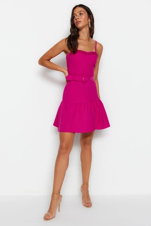 Trendyol Fuchsia Belted Mini Woven Flounce Ribbed Detailed Woven Woven Dress