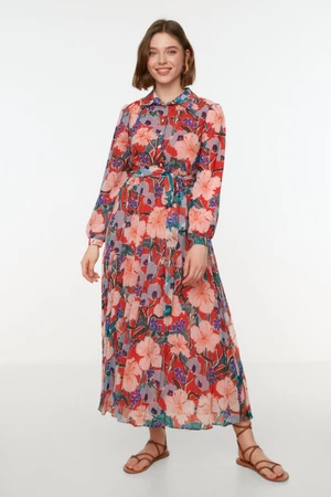 Trendyol viacfarebné kvetinové vzorované šifónové tkané šaty s golierom na košeli, opaskom a podšívkou