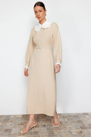 Trendyol Beige Collar and Sleeve Lace Detailed A-Line Woven Dress