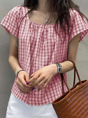 Plaid Square Collar Short Sleeve Casual Blouse