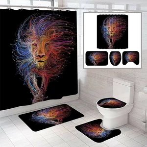 Colorful Lion Pattern Shower Curtain Bath Mat Toilet Pad Set Anti-slip Toilet Pattern Carpet for Bathroom Decoration