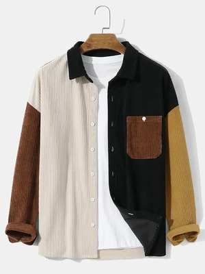 Mens Corduroy Patchwork Button Pocket Loose Long Sleeve Shirts