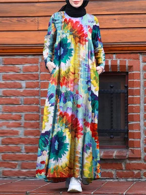 Vintage Floral Print Tie Dye Contrast Color Kaftan Tunic A-line Tiered Muslim Dress