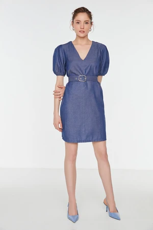 Trendyol Navy Blue Belted Balloon Sleeve Woven Dress