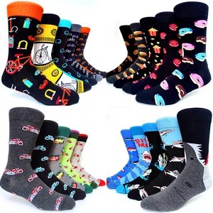 NEW 5 Pairs/Pack Happy Socks Men Playing cards Motorcycle Bick Strawberry Abstract Letters AB Art Flowers Pattern Funny Socks