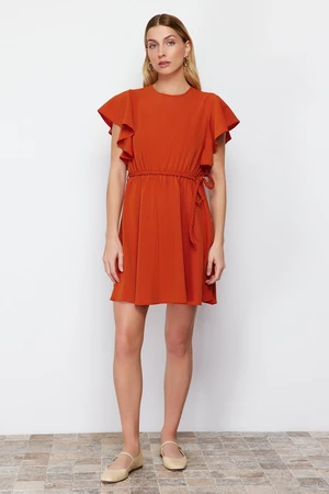 Trendyol Tile Belted Mini Woven Dress with Flounce Sleeves Opening at the Waist
