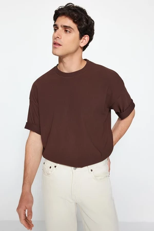 Trendyol Brown Premium Oversize Crew Neck Short Sleeve Textured Ottoman T-Shirt