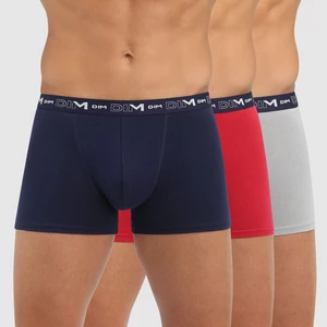 Set of three men's boxer shorts in navy blue, red and light gray Dim COTTON STRETCH BOXER