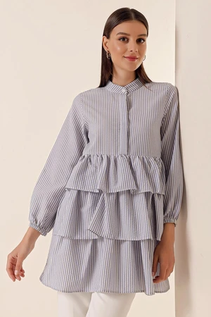 By Saygı Longitudinal Stripe Half Pats Layered See-through Tunic Blouse Blue