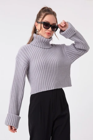 Lafaba Women's Gray Wide Ribbed Turtleneck Knitwear Crop Sweater