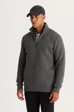 AC&Co / Altınyıldız Classics Men's Anthracite-melange Standard Fit Normal Cut Inside Fleece Stand-Up Bato Collar Cotton Sweatshirt
