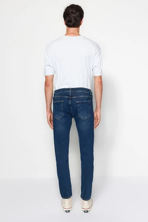 Trendyol Men's Navy Blue Slim Fit Brown Tinted Scratched Destroyed Jeans.