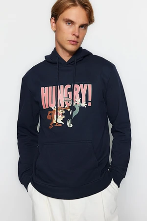 Trendyol Navy Blue Men's Looney Tunes Printed Regular/Regular Cut Hooded Sweatshirt