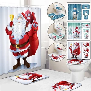 Christmas Shower Curtain Sets Snowman Santa Non-Slip Rugs Toilet Lid Cover and Bath Mat Waterproof Bathroom Curtains for
