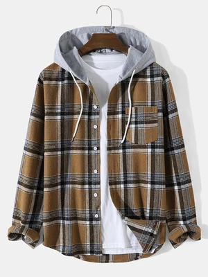 Mens Plaid Button Up Preppy Long Sleeve Hooded Shirts