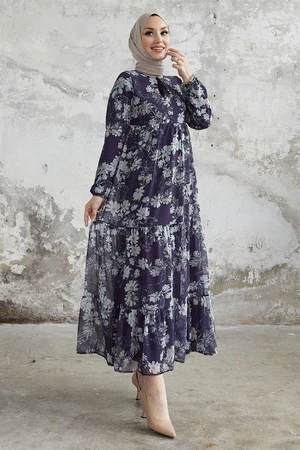 InStyle Neda Floral Chiffon Dress with Tassel Detail - Dark Navy Blue
