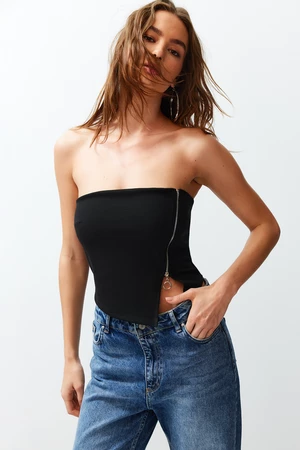 Trendyol Black Zippered Asymmetric Strapless Crop Knitted Blouse