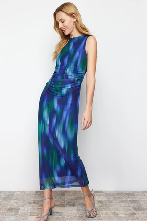 Trendyol Multi Color Draped Detail Fitted Maxi Length Tulle Knitted Maxi Dress