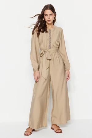 Trendyol Mink Belted Weave Overalls With Stripe Detailed Wide Leg