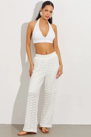 Cool & Sexy Women's White Elastic Waist Half-Lined Brode Brode Trousers