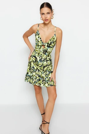 Trendyol Yellow Printed Crepe Straps Mini Knitted Mini Dress