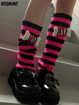 Y2K Women Goth Punk Knitted Leg Warmer Socks Harajuku Gothic Lolita Foot Striped Socks Winter Leg Warmers Stockings