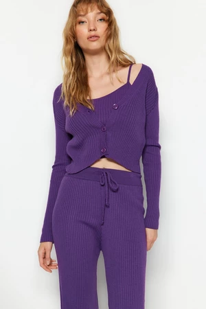 Trendyol fialová rebrovaná blúzka, kardigánové nohavice, sveter top-top oblek