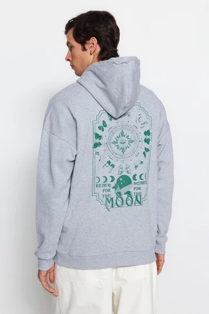 Trendyol Gray Men's Oversize Hoodie. Space Printed Cotton Sweatshirt with a Soft Pile Interior