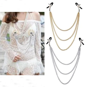 Women Sexy Non Piercing Fake Piercing Faux Nipple Non-Piercing with Body Chains Nipple Clamps Clips Fake Nipple Rings