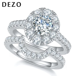 DEZO Total 2ctw Moissanite Wedding Rings Set For Women Solid 925 Silver Halo Engagement Ring Round VVS1 D Color GRA Certificate