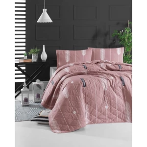 Ružová prikrývka cez posteľ s 2 obliečkami na vankúš z ranforce bavlny EnLora Home Modena, 225 x 240 cm