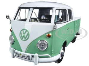 Volkswagen Type 2 (T1) Double Cab Pickup Truck White and Green 1/24 Diecast Model Car by Motormax