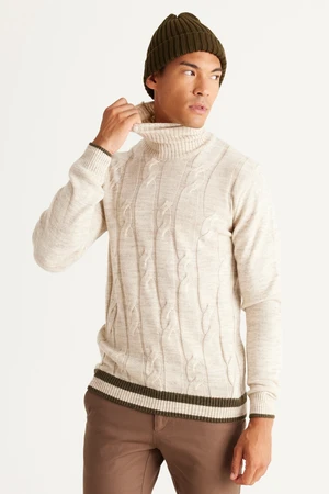 AC&Co / Altınyıldız Classics Men's Light Beige Standard Fit Regular Cut Full Turtleneck Jacquard Knitwear Sweater.