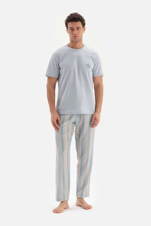 Dagi Light Blue Crew Neck Print Detailed Top Stripe Bottom Pajamas Set
