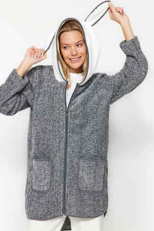 Trendyol Grey-White Wellsoft Knitted Dressing Gown with Ear and Pocket Details