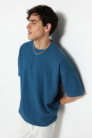 Trendyol Indigo Men's Oversized Crew Neck Basic Textured T-Shirt