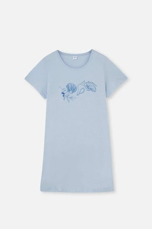 Dagi Light Blue Printed Knitted Nightgown with Slits in the Sides.