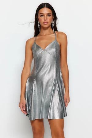 Trendyol Gray Open Waist/Skater Knitted Shiny Elegant Evening Dress