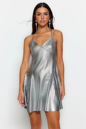 Trendyol Gray Open Waist/Skater Knitted Shiny Elegant Evening Dress