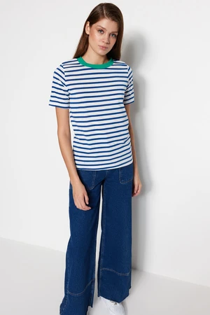 Trendyol Navy Blue Striped Basic Color Crewneck Knitted T-Shirt