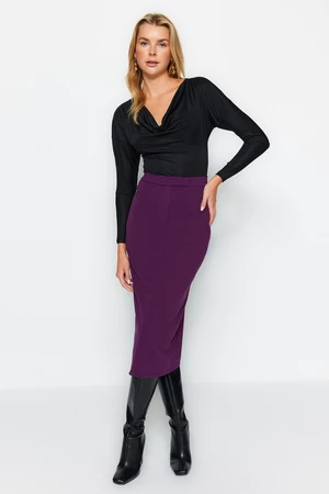 Trendyol Purple Smart Crepe with Belt Detailed Fleece Pocket Midi Pencil High Waist, Flexible Knitted Skirt
